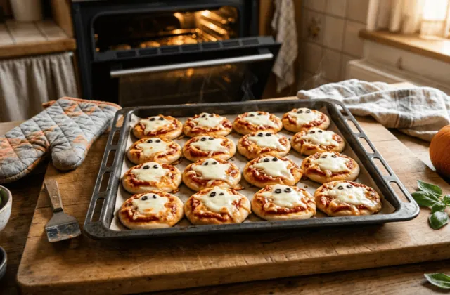 Plaque de mini-pizzas fantômes maison tout juste sorties du four, gant de cuisine, basilic et olives noires