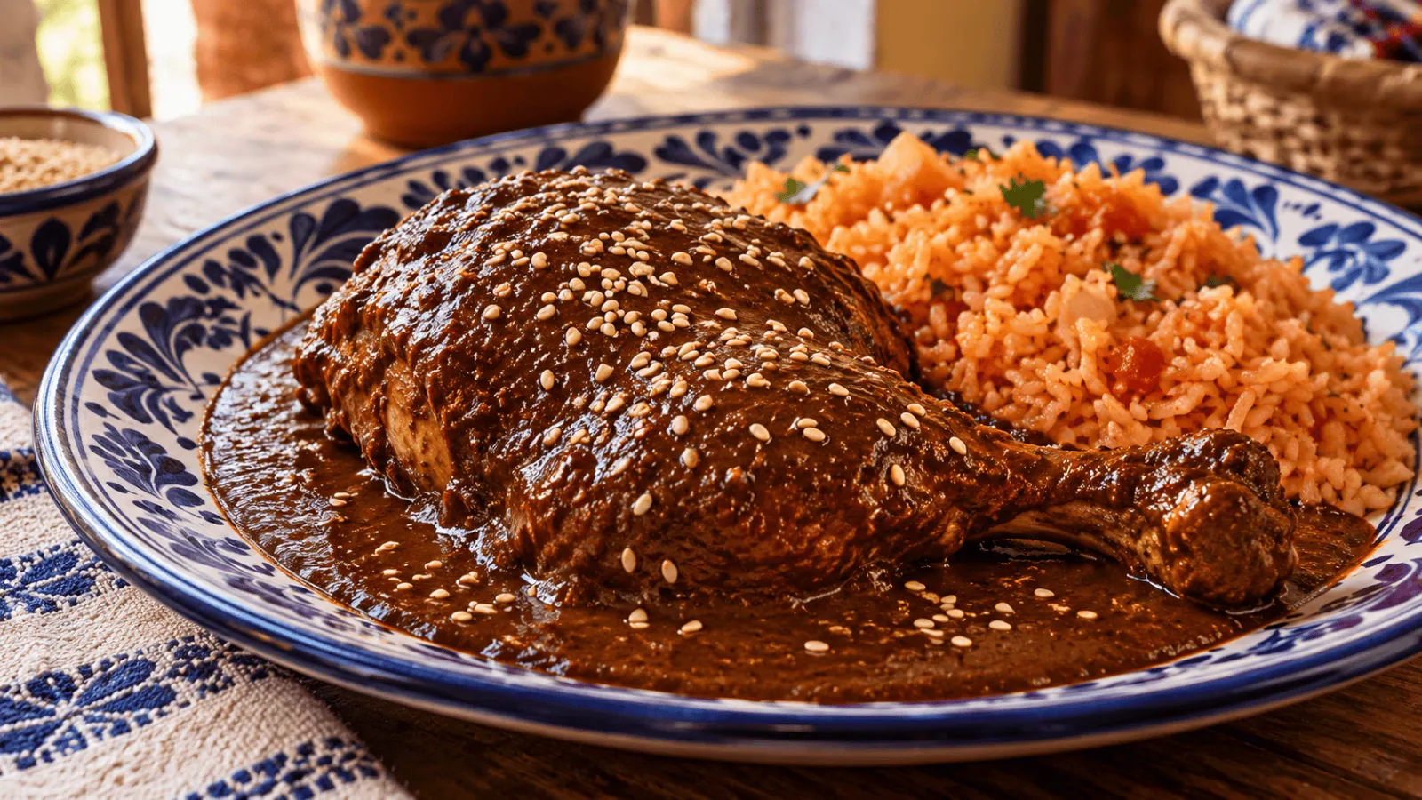 Poulet nappé de mole poblano aux piments et épices, servi avec du riz rouge