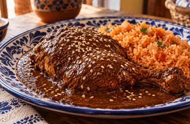 Poulet nappé de mole poblano aux piments et épices, servi avec du riz rouge