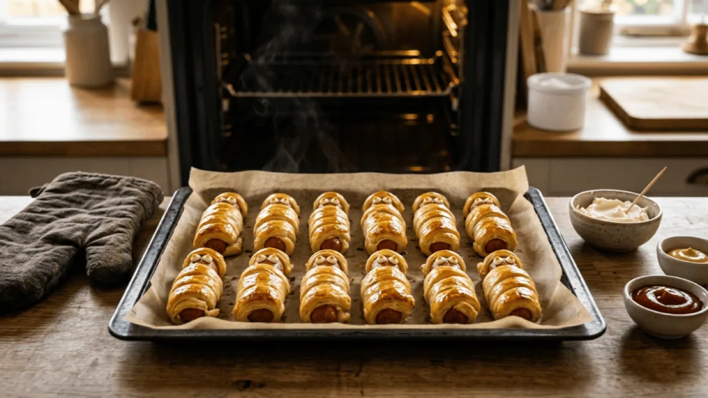 Plaque de momies feuilletées aux saucisses tout juste sorties du four, fromage frais, moutarde et ketchup à côté