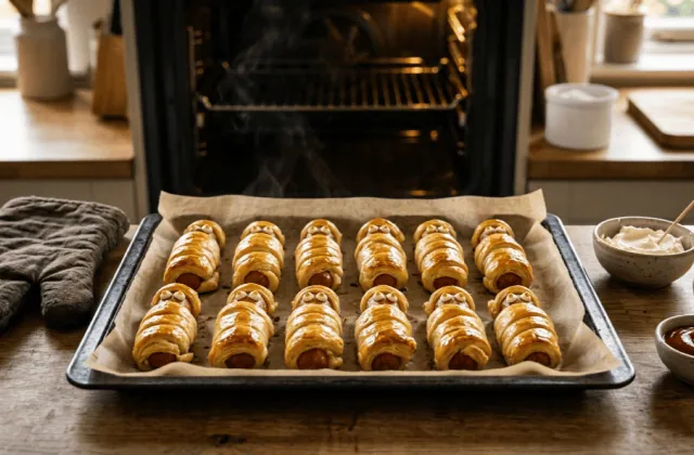 Plaque de momies feuilletées aux saucisses tout juste sorties du four, fromage frais, moutarde et ketchup à côté