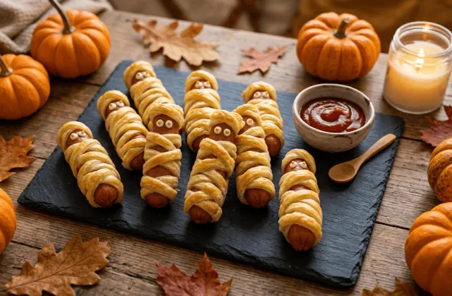 Momies feuilletées sur une ardoise : saucisses enroulées de bandelettes de pâte feuilletée dorée avec petits yeux, ketchup et citrouilles