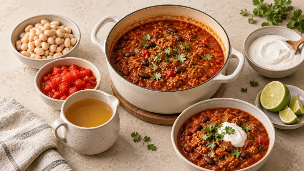 Chili accompagné de tomates, haricots, bouillon, yaourt et citron vert