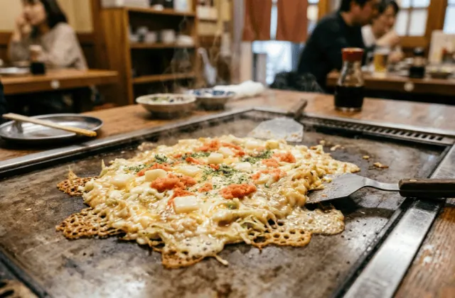 Monjayaki mentaiko, mochi et fromage en train de cuire sur la plaque teppan d’un restaurant de Tokyo