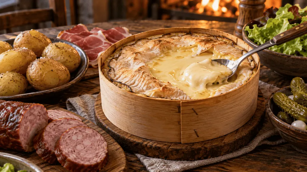 Mont-d’Or rôti dans sa boîte en épicéa avec pommes de terre, saucisse de Morteau, jambon cru et cornichons