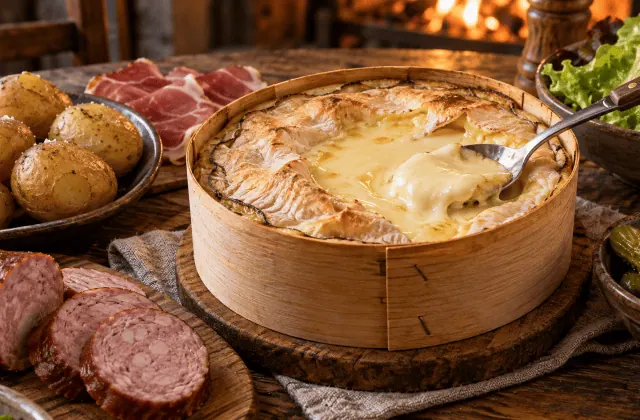 Mont-d’Or rôti dans sa boîte en épicéa avec pommes de terre, saucisse de Morteau, jambon cru et cornichons
