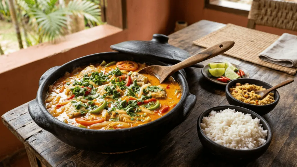 Moqueca baiana de poisson dans une marmite en terre noire, lait de coco et huile de dendê, poivrons, tomates et coriandre, riz et farofa