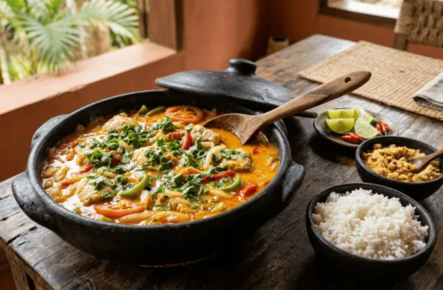 Moqueca baiana de poisson dans une marmite en terre noire, lait de coco et huile de dendê, poivrons, tomates et coriandre, riz et farofa