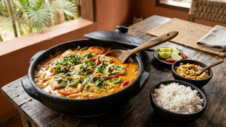 Moqueca baiana de poisson dans une marmite en terre noire, lait de coco et huile de dendê, poivrons, tomates et coriandre, riz et farofa