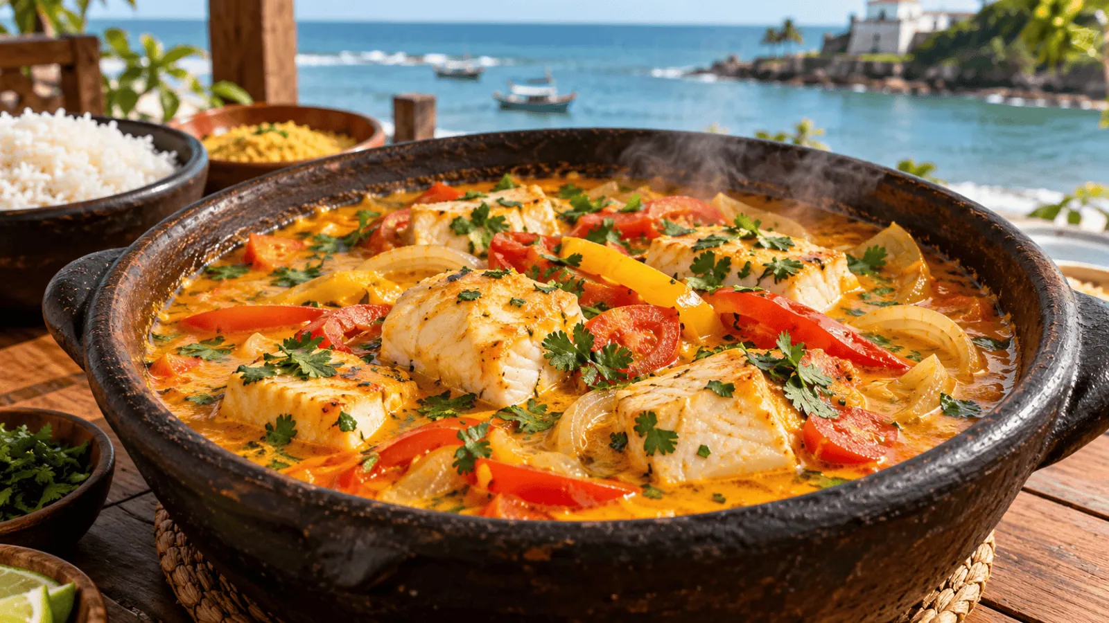 Moqueca de Bahia au poisson, lait de coco, dendê, tomates et poivrons
