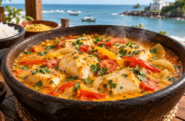 Moqueca de Bahia au poisson, lait de coco, dendê, tomates et poivrons