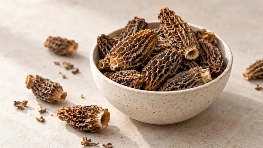 Morilles séchées brunes aux chapeaux alvéolés dans un bol