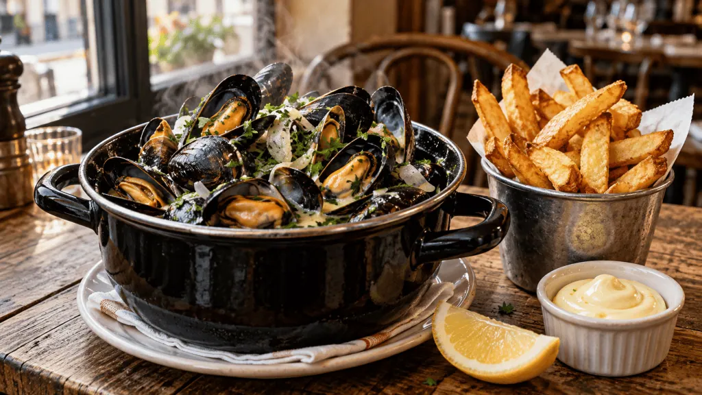 Cocotte de moules marinières servie avec des frites belges et de la mayonnaise
