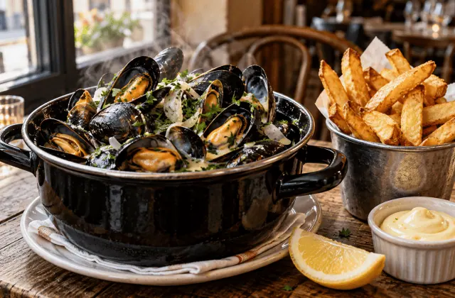Cocotte de moules marinières servie avec des frites belges et de la mayonnaise