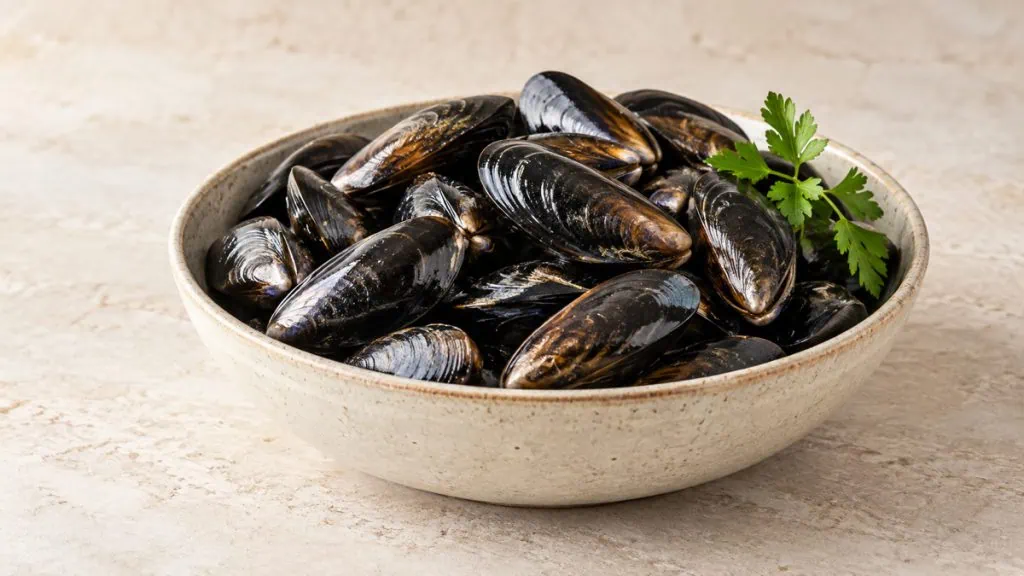 Moules fraîches crues dans un bol en grès