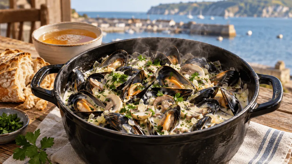 Cocotte de moules de bouchot au cidre et à la crème fraîche avec échalotes, champignons et persil