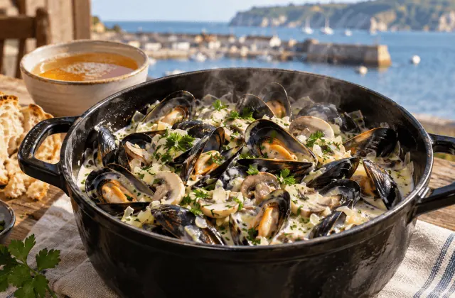 Cocotte de moules de bouchot au cidre et à la crème fraîche avec échalotes, champignons et persil