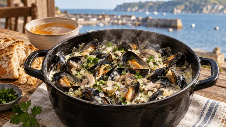Cocotte de moules de bouchot au cidre et à la crème fraîche avec échalotes, champignons et persil