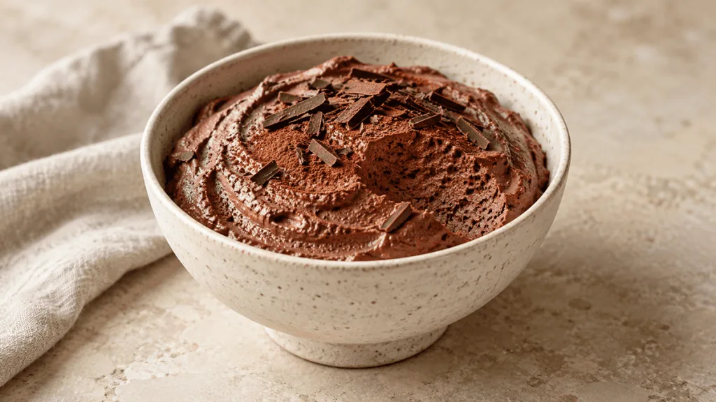 Mousse au chocolat noir aérienne avec cacao et copeaux de chocolat