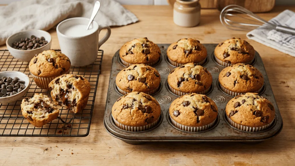 Muffins aux pépites de chocolat sortis du four dans leur moule et sur une grille, l’un ouvert au chocolat fondant