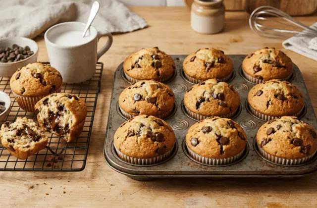 Muffins aux pépites de chocolat sortis du four dans leur moule et sur une grille, l’un ouvert au chocolat fondant