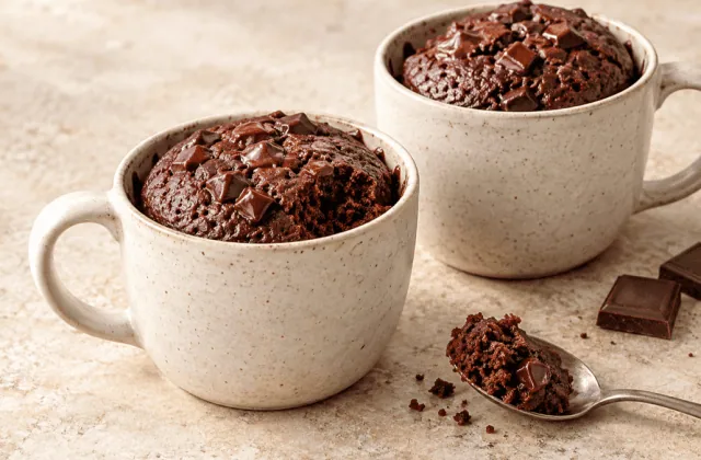 Deux mug cakes au chocolat moelleux dans des tasses en grès