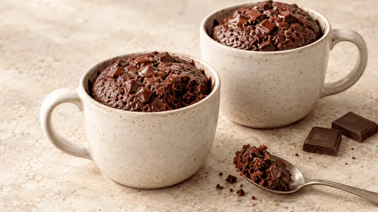 Deux mug cakes au chocolat moelleux dans des tasses en grès