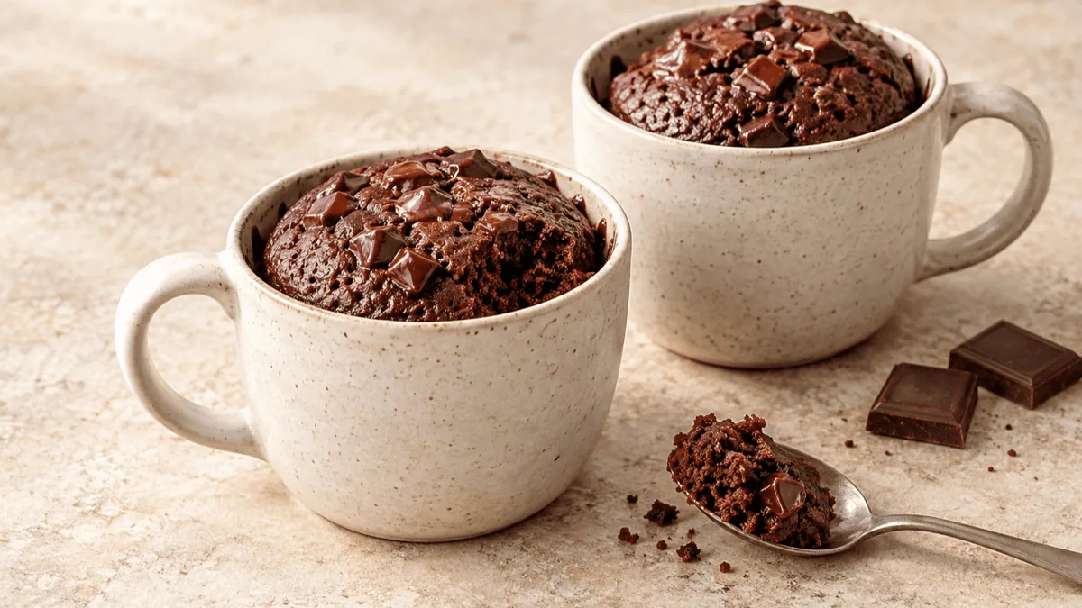 Deux mug cakes au chocolat moelleux dans des tasses en grès