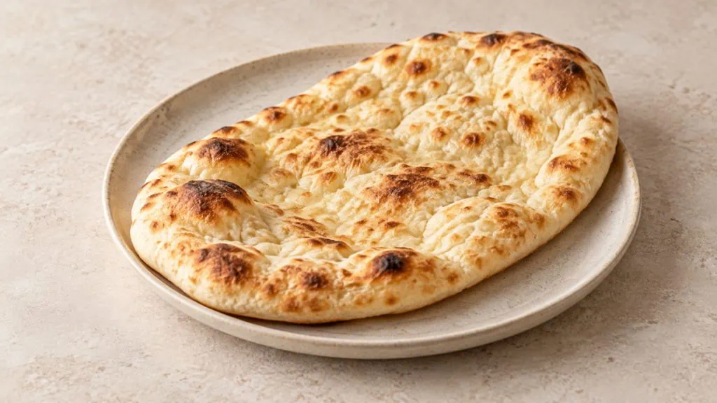 Naan traditionnel fraîchement cuit sur une assiette en grès