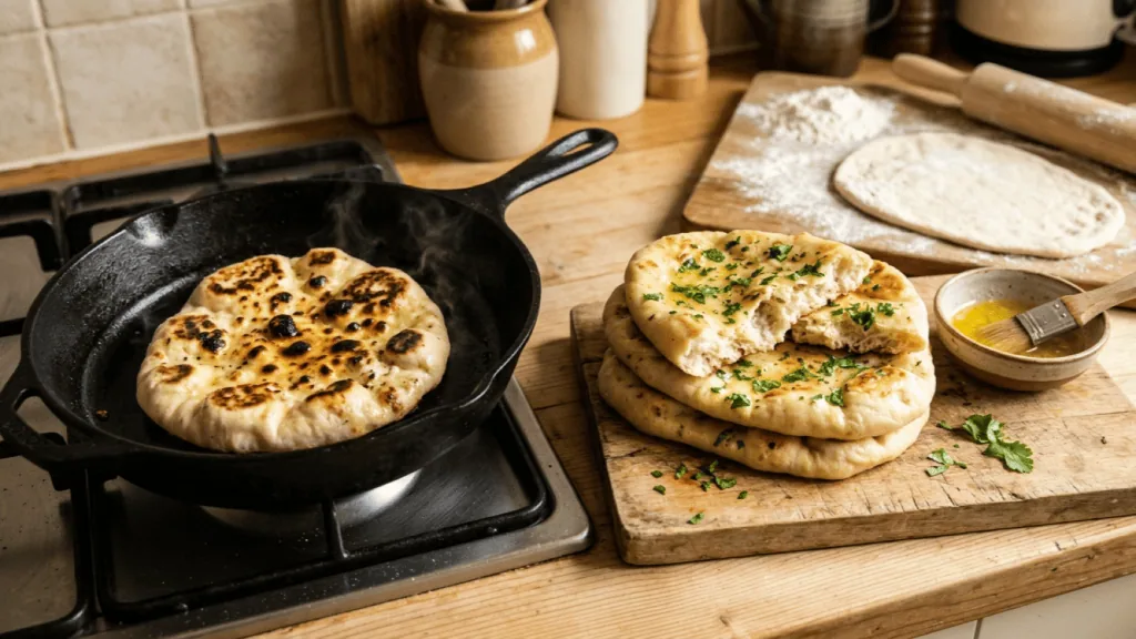Naan maison cuit à la poêle en fonte, naans dorés au beurre à l’ail et coriandre, pâte étalée sur planche farinée
