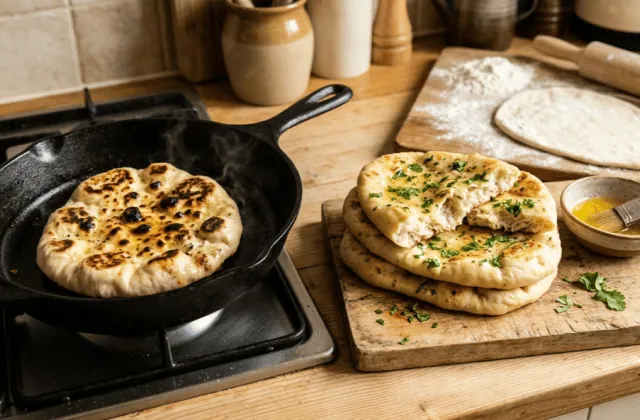 Naan maison cuit à la poêle en fonte, naans dorés au beurre à l’ail et coriandre, pâte étalée sur planche farinée