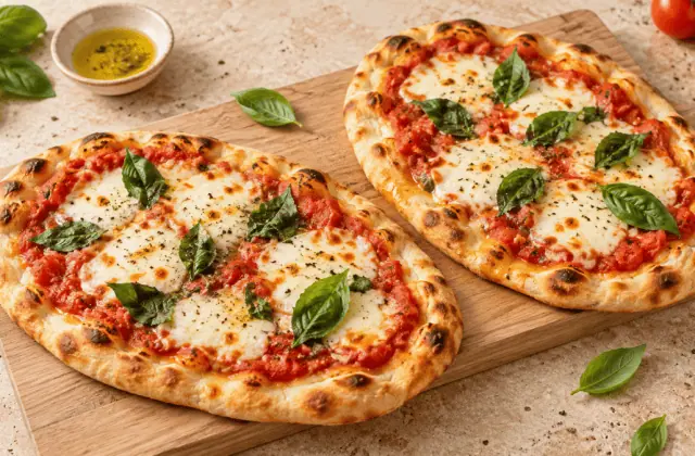 Deux naan pizzas margherita à la tomate, mozzarella et basilic