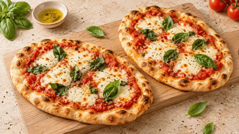 Deux naan pizzas margherita à la tomate, mozzarella et basilic