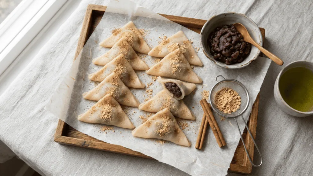Nama-yatsuhashi maison à la cannelle et à l’anko alignés sur un plateau, avec kinako et thé vert