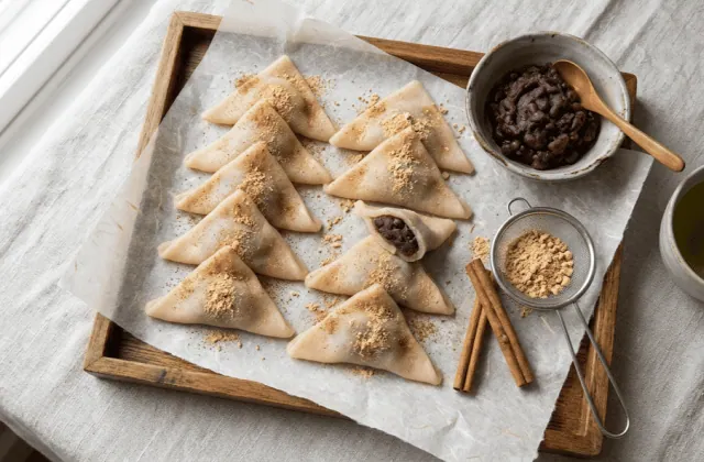 Nama-yatsuhashi maison à la cannelle et à l’anko alignés sur un plateau, avec kinako et thé vert