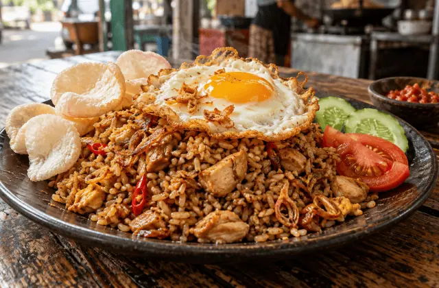 Nasi goreng indonésien au poulet, œuf croustillant, concombre, tomate et crackers