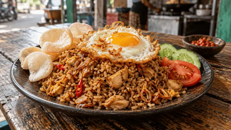 Nasi goreng indonésien au poulet, œuf croustillant, concombre, tomate et crackers