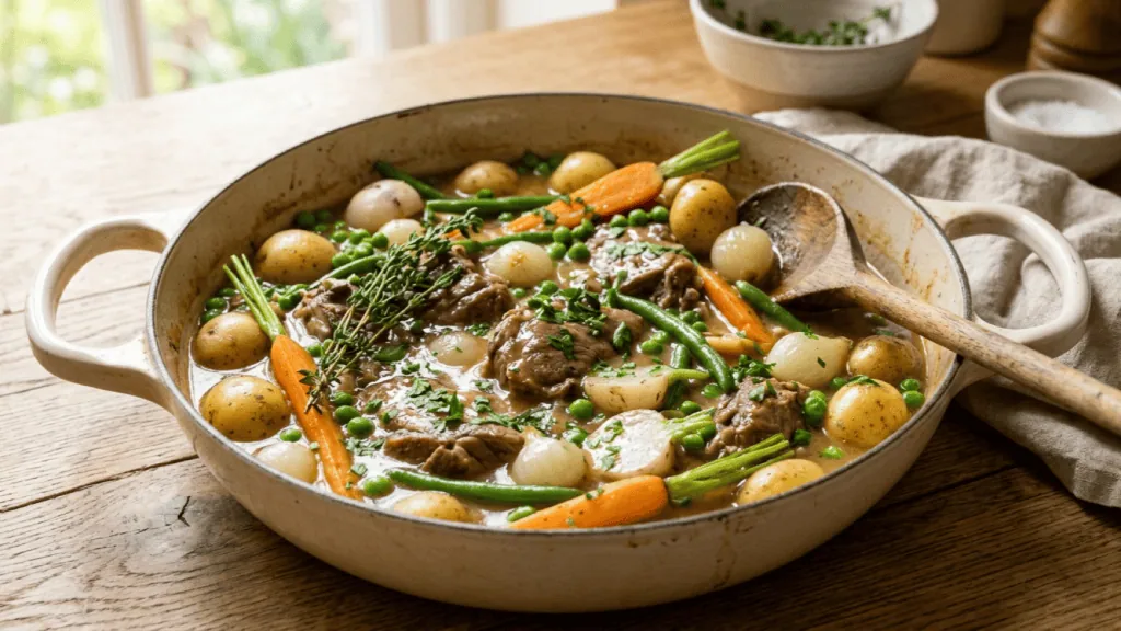 Navarin d’agneau printanier en cocotte : agneau, carottes fanes, pommes de terre nouvelles, petits pois, navets et oignons grelots
