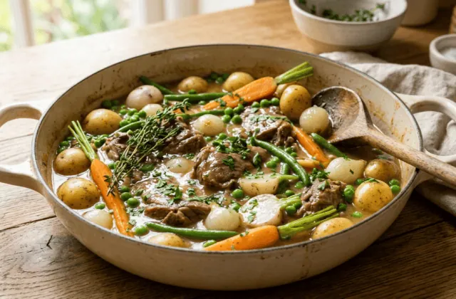 Navarin d’agneau printanier en cocotte : agneau, carottes fanes, pommes de terre nouvelles, petits pois, navets et oignons grelots