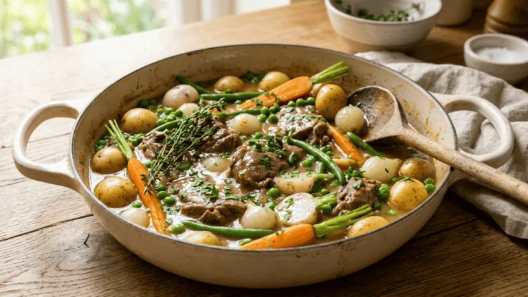 Navarin d’agneau printanier en cocotte : agneau, carottes fanes, pommes de terre nouvelles, petits pois, navets et oignons grelots