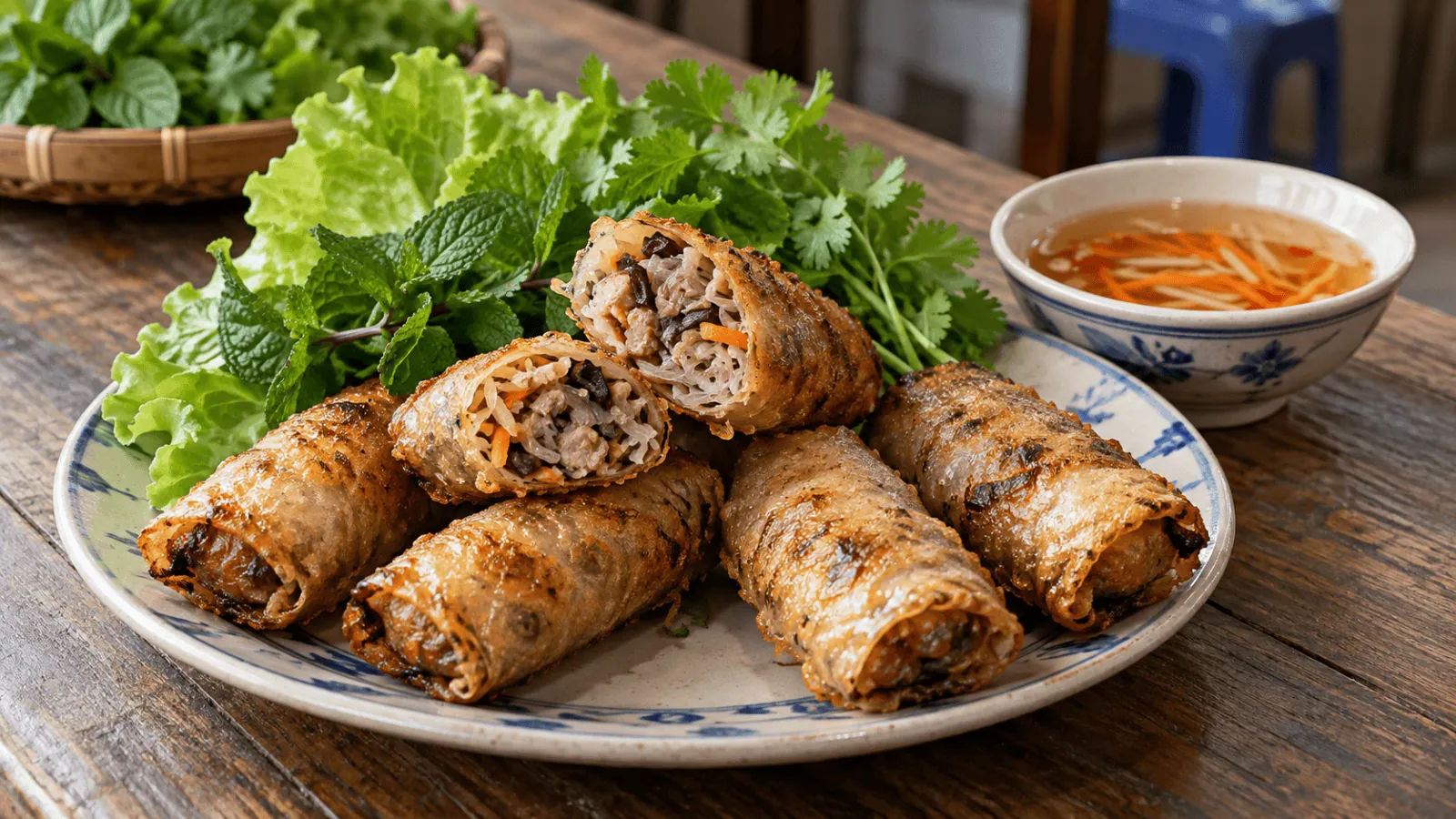 Nems vietnamiens croustillants au porc servis avec salade, menthe et sauce nước chấm