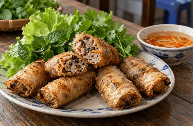 Nems vietnamiens croustillants au porc servis avec salade, menthe et sauce nước chấm