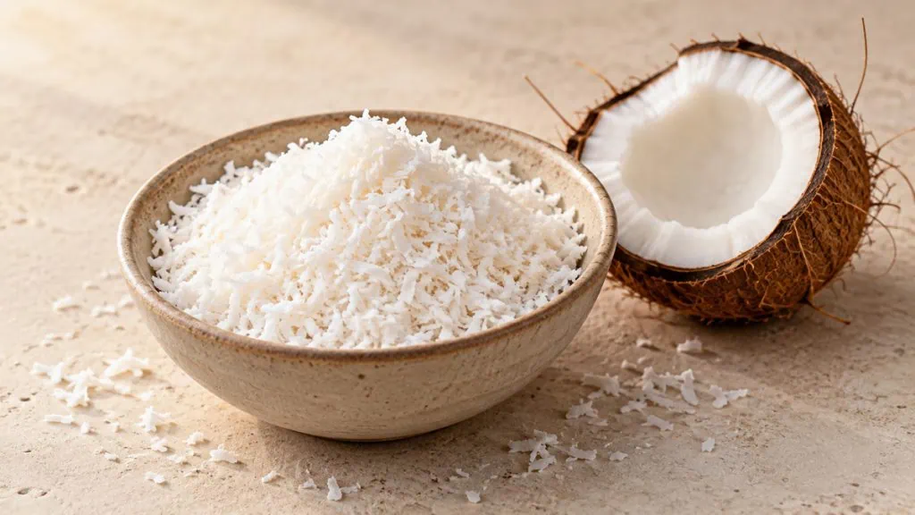 Noix de coco râpée dans un bol avec une demi-noix de coco