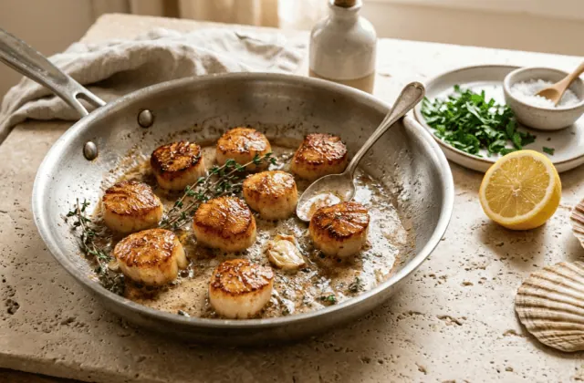 Noix de Saint-Jacques poêlées au beurre noisette, croûte dorée, ail et thym dans la poêle, citron et coquilles