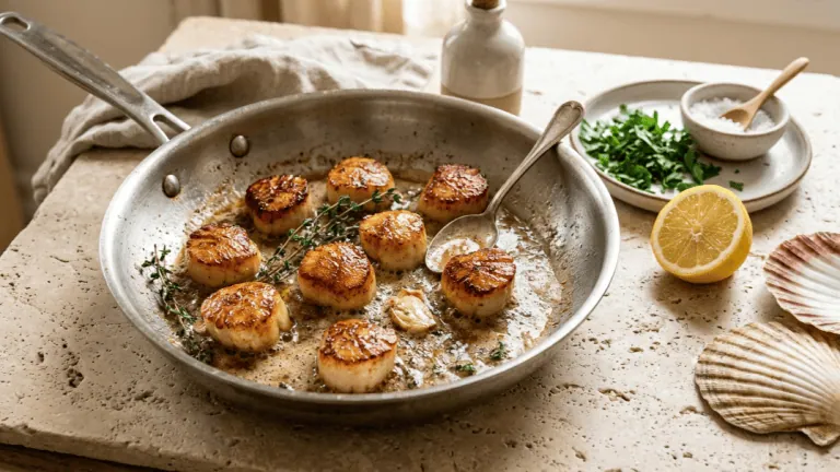 Noix de Saint-Jacques poêlées au beurre noisette, croûte dorée, ail et thym dans la poêle, citron et coquilles