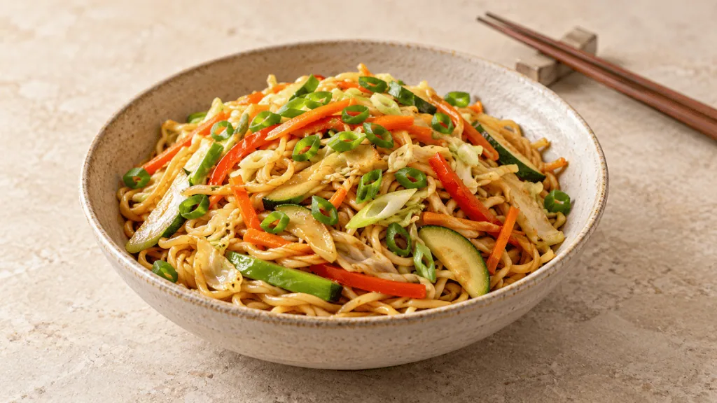 Nouilles sautées avec carotte, poivron, courgette, chou et ciboule