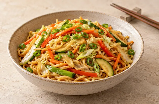 Nouilles sautées avec carotte, poivron, courgette, chou et ciboule