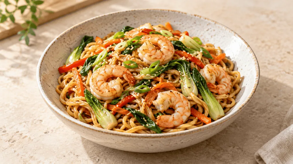 Nouilles sautées aux crevettes, légumes et sauce soja