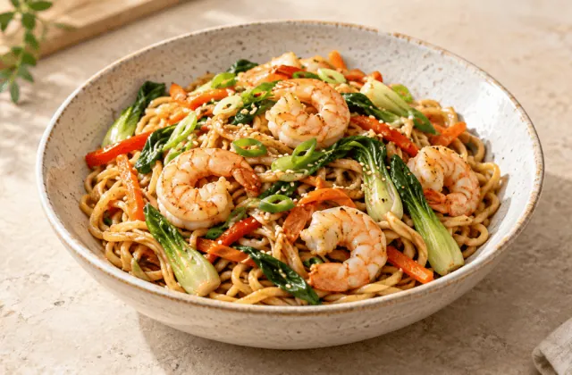 Nouilles sautées aux crevettes, légumes et sauce soja