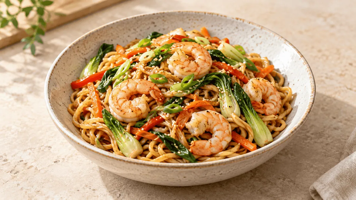 Nouilles sautées aux crevettes, légumes et sauce soja